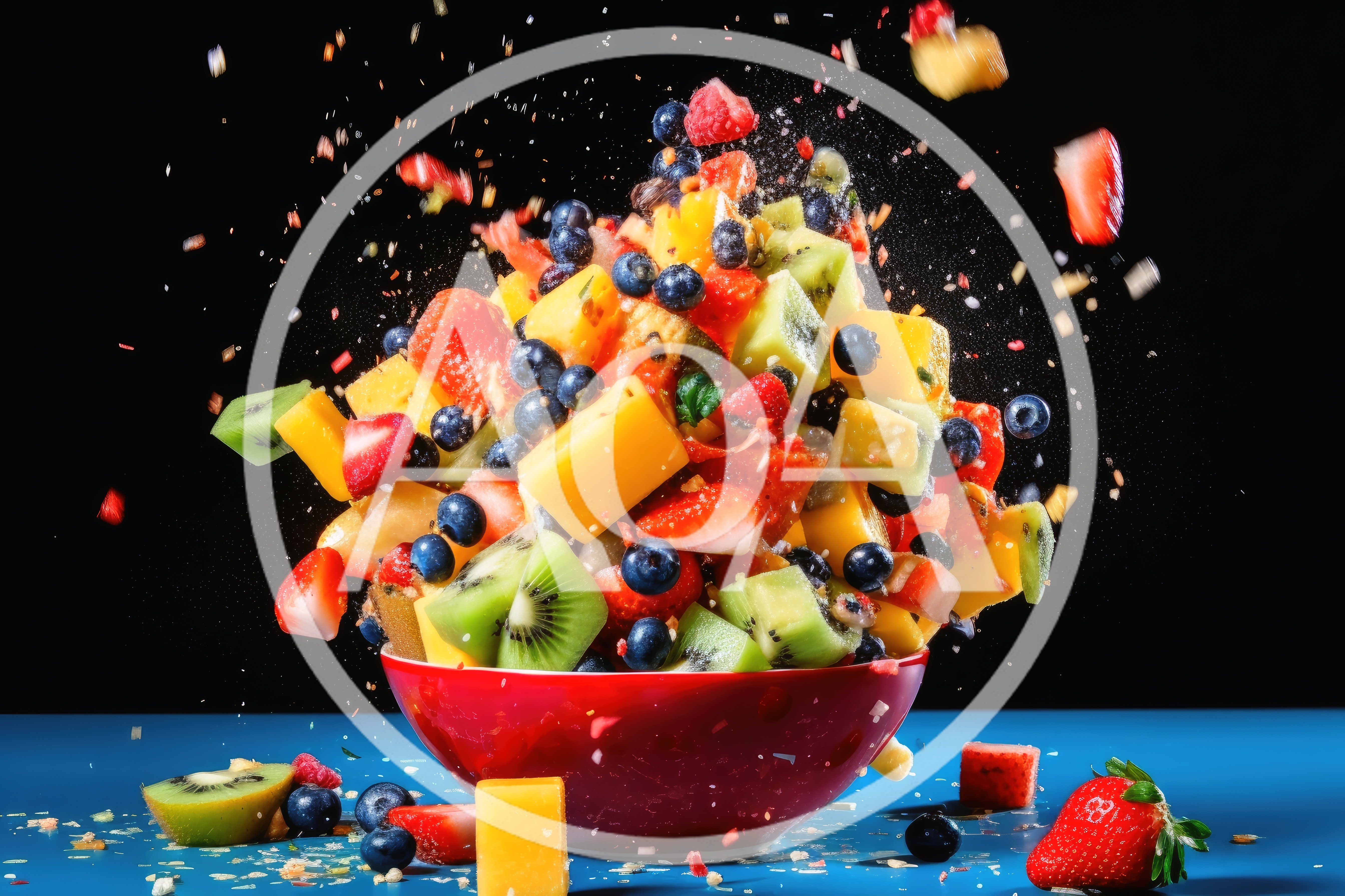 Exploding Fruit Salad in Red Bowl