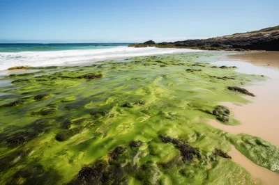 Green Algae Covered Rocky Beach Shoreline