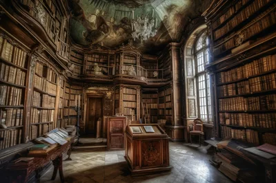 Antique Library Interior With Ornate Wooden Shelving