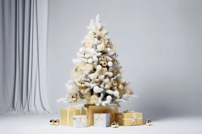 Decorated Christmas Tree With Gold And White Gifts