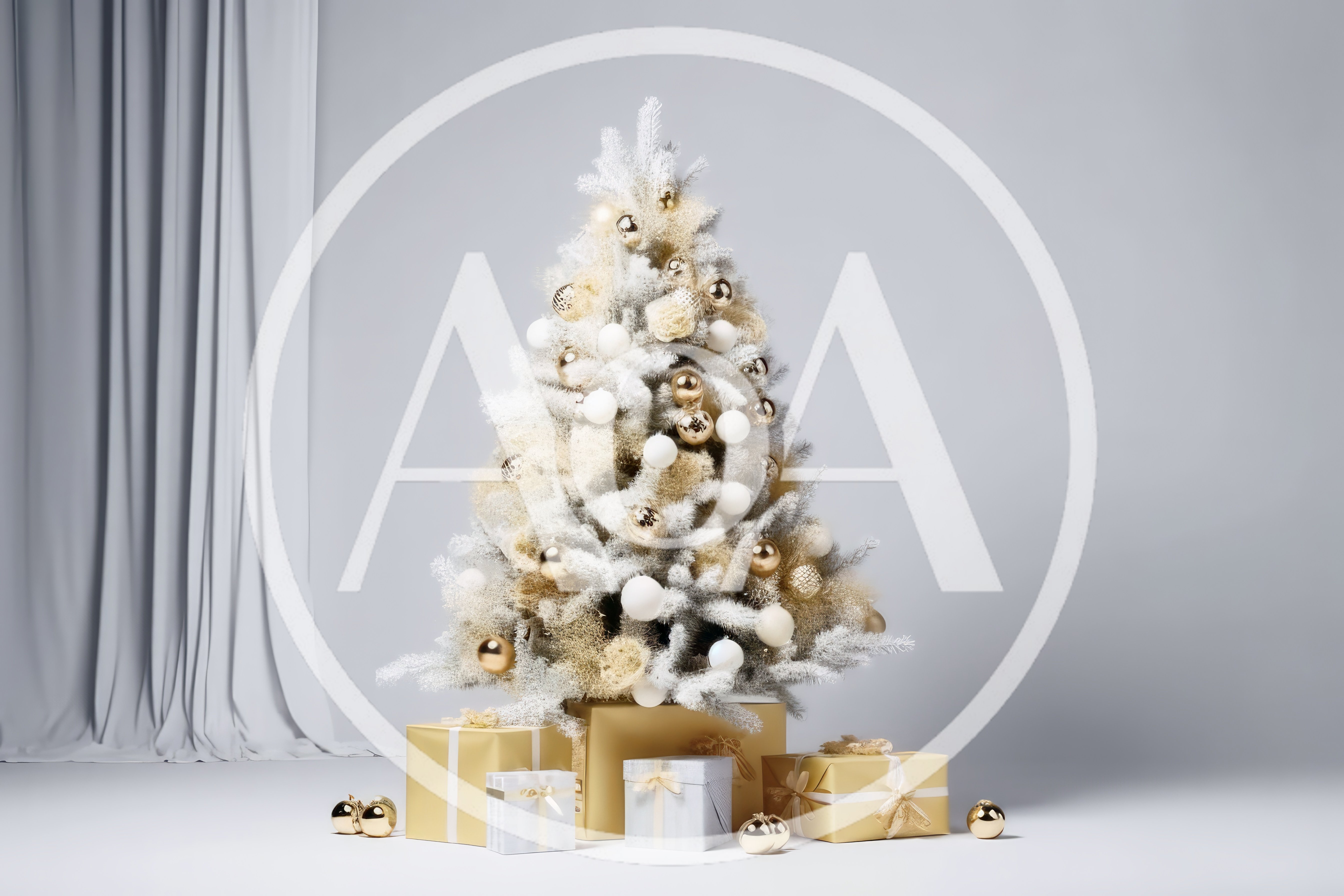 Decorated Christmas Tree With Gold And White Gifts