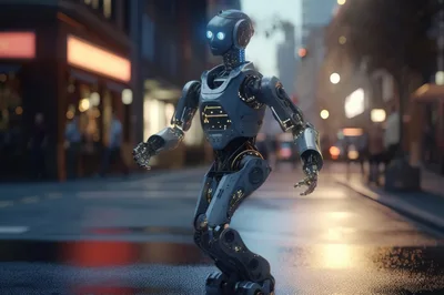 Futuristic Humanoid Robot Walking Through City Street