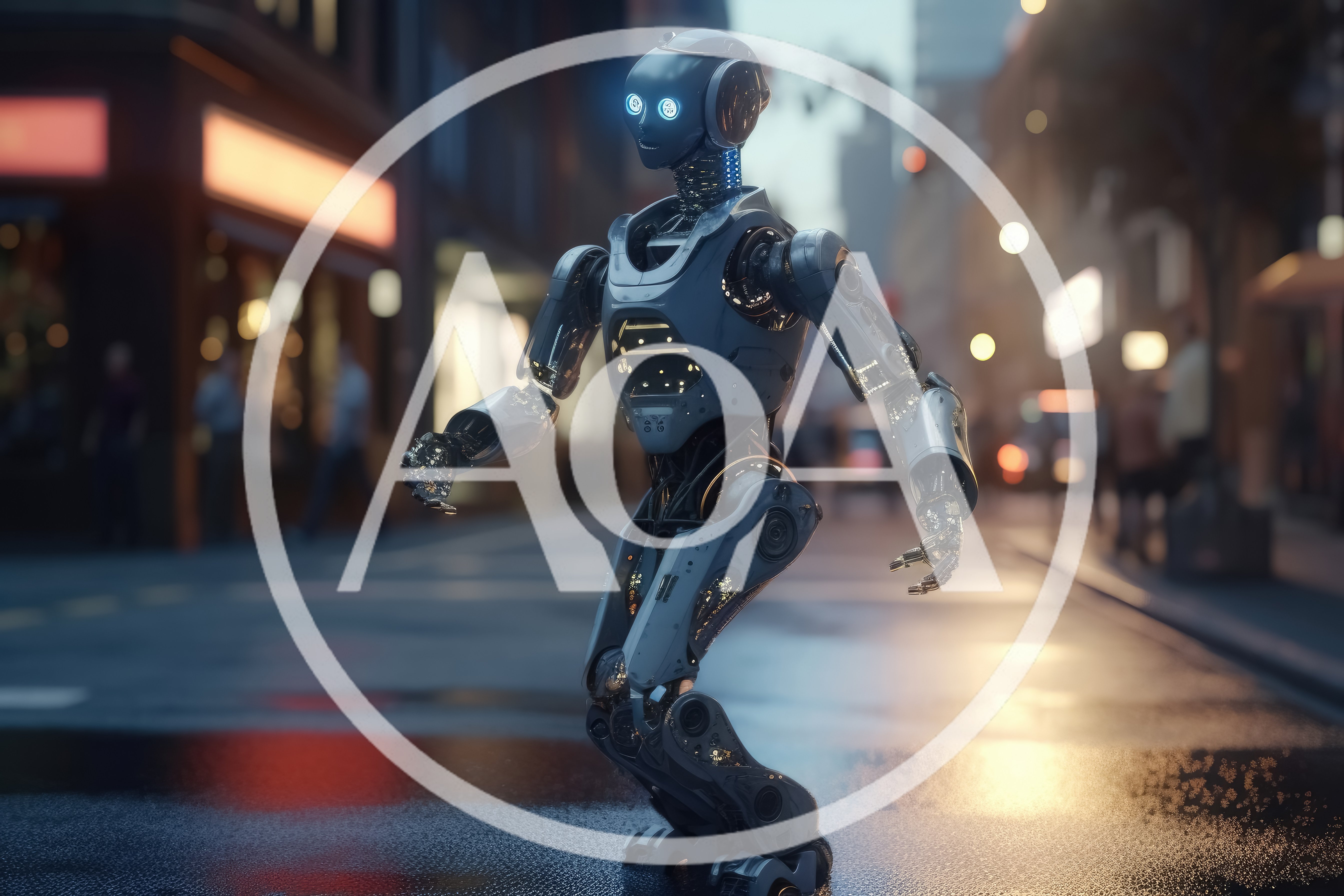 Futuristic Humanoid Robot Walking Through City Street