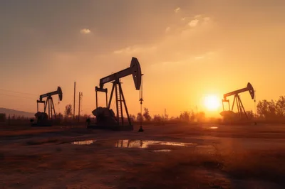 Oil Pump Jacks Operating During A Golden Sunset