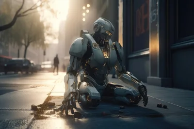 Futuristic Robot Kneeling On A City Sidewalk