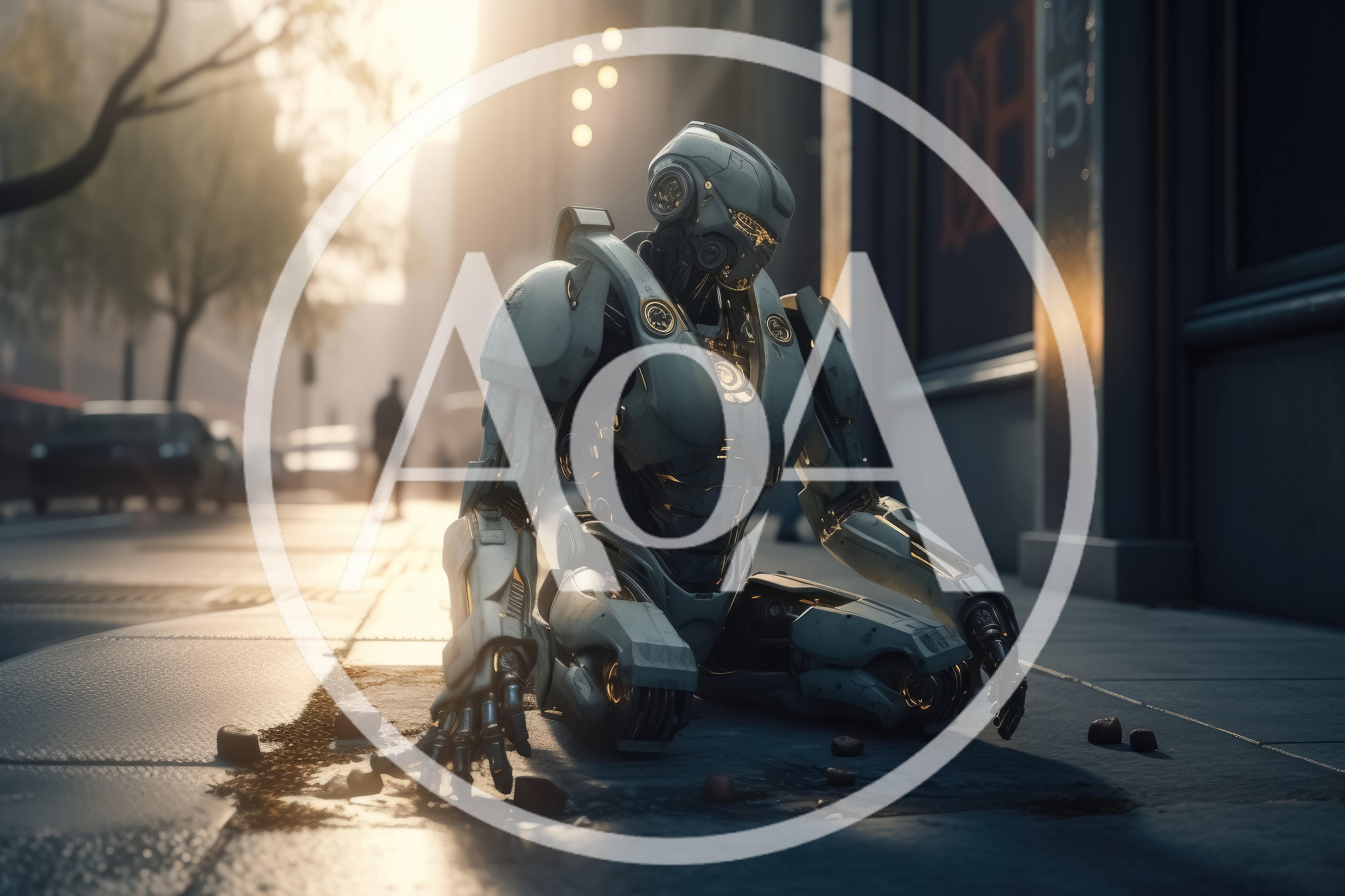 Futuristic Robot Kneeling On A City Sidewalk