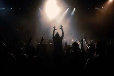 Concert Crowd With Raised Hands Under Stage Lights