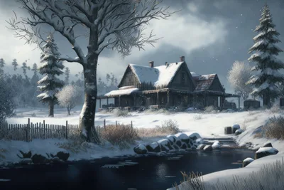 Rustic Wooden Cabin In Snowy Winter Landscape