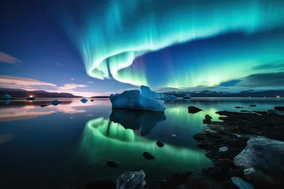 Aurora Borealis Over Glacial Iceberg In Arctic Lake