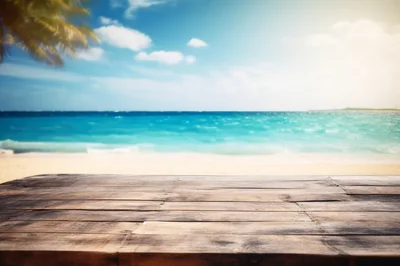Empty Wooden Table Overlooking A Tropical Beach