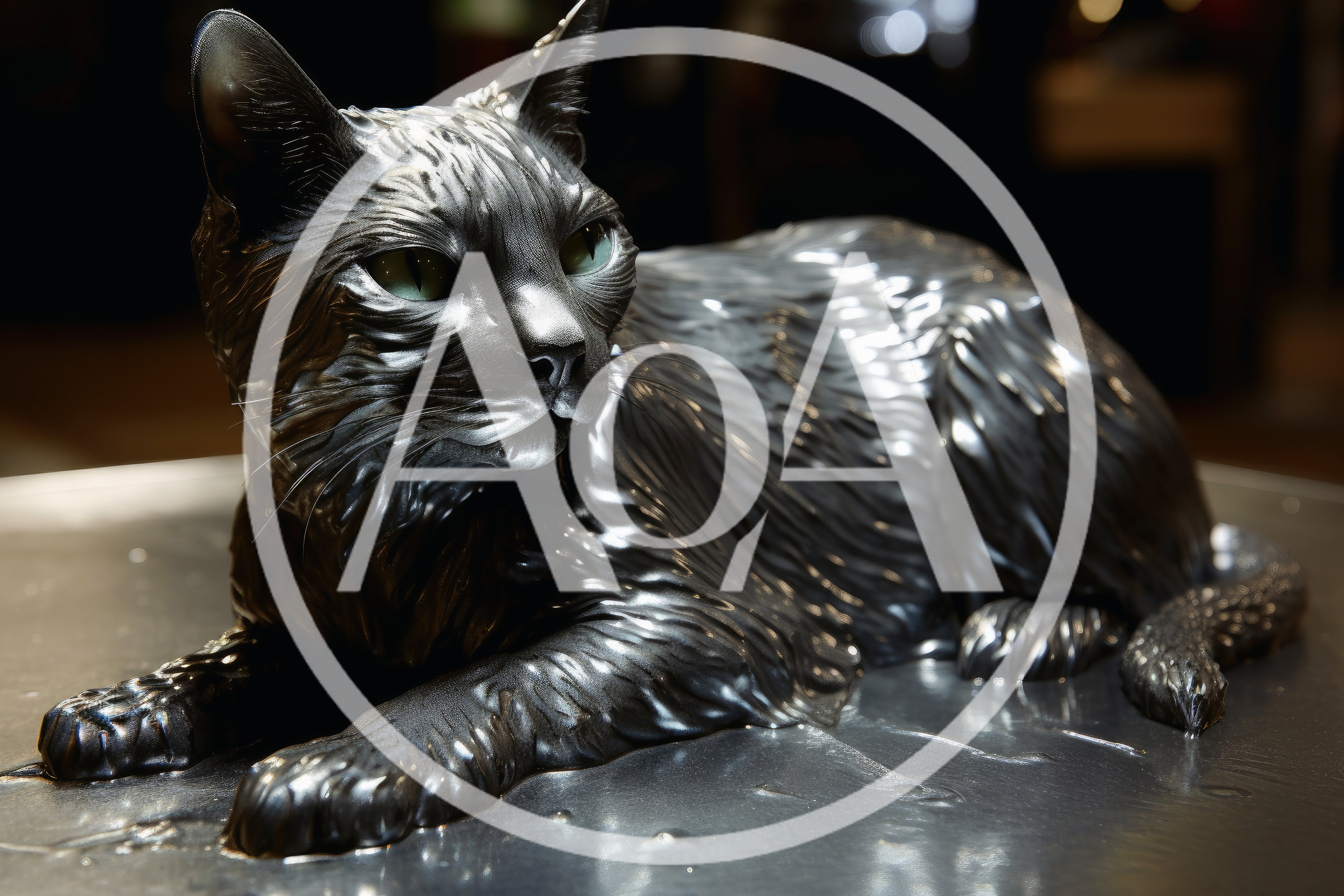 Metallic Sculpture Of A Resting Cat
