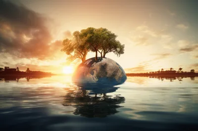 Conceptual Earth Globe With Trees Floating On Water