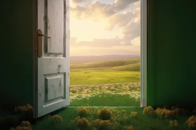 Open Door Revealing A Sunny Meadow Landscape