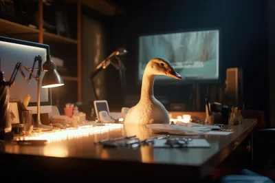Surreal Goose Sitting At A Desk In A Dark Office
