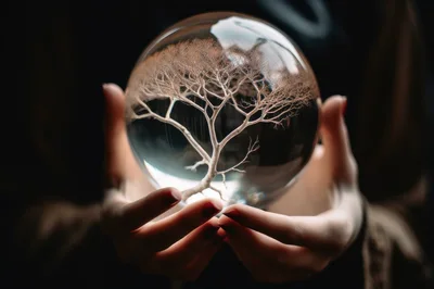 Hands Holding A Crystal Ball With A Tree Inside
