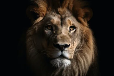 Majestic Male Lion Portrait Against Black Background