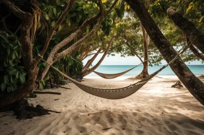 Two Empty Hammocks Hanging Between Tropical Trees On Beach