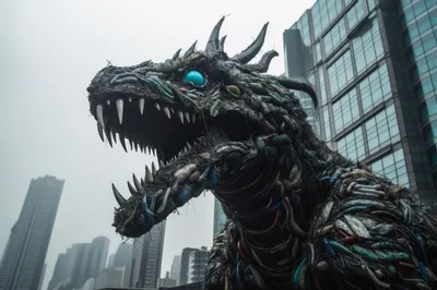 Giant Recycled Material Dragon Sculpture In City