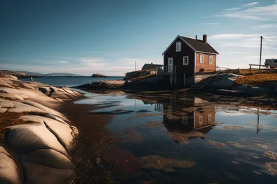 Red Wooden House On Rocky Coastal Shoreline