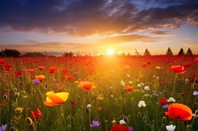 Vibrant Wildflower Meadow At Golden Hour Sunset