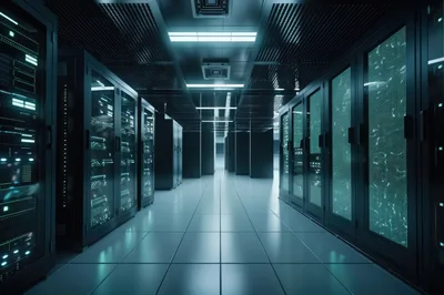 Modern Data Center Server Room With Glowing Racks