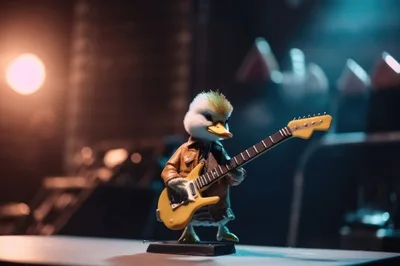 Small Duck Figurine Playing A Yellow Electric Guitar