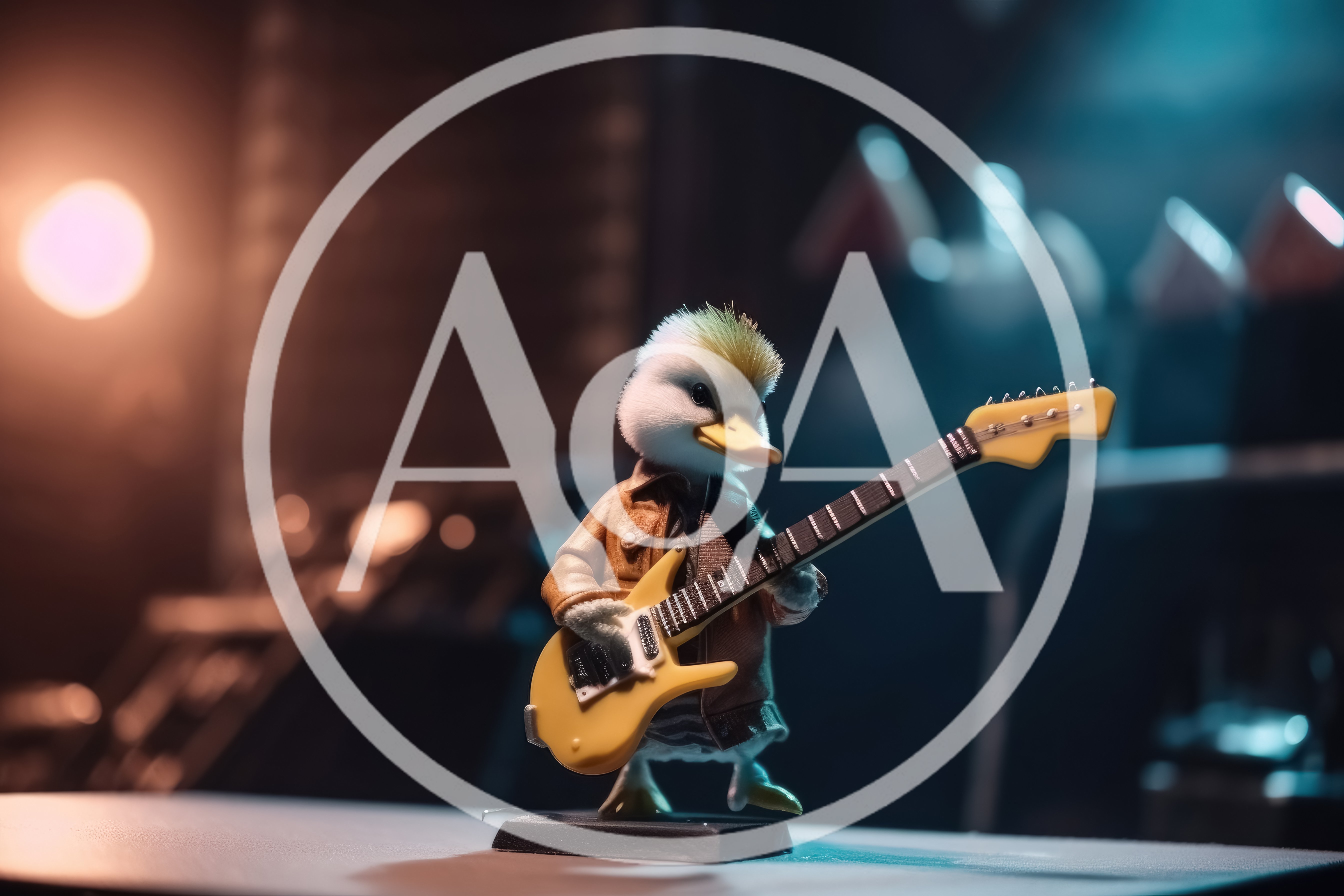 Small Duck Figurine Playing A Yellow Electric Guitar