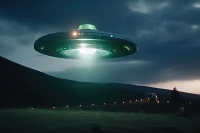 Glowing UFO Hovering Over A Dark Rural Landscape