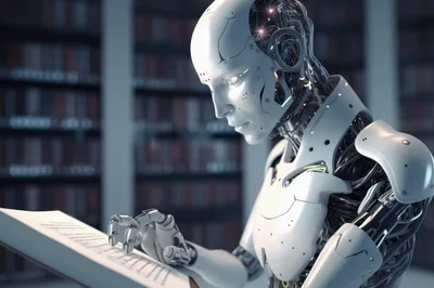 Advanced Humanoid Robot Reading A Book In Library