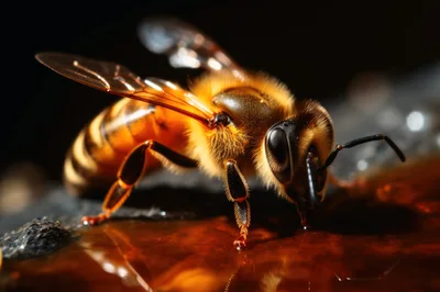Macro Close Up Of A Honey Bee Drinking Water