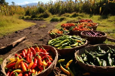 Freshly Harvested Chili Peppers In Woven Baskets