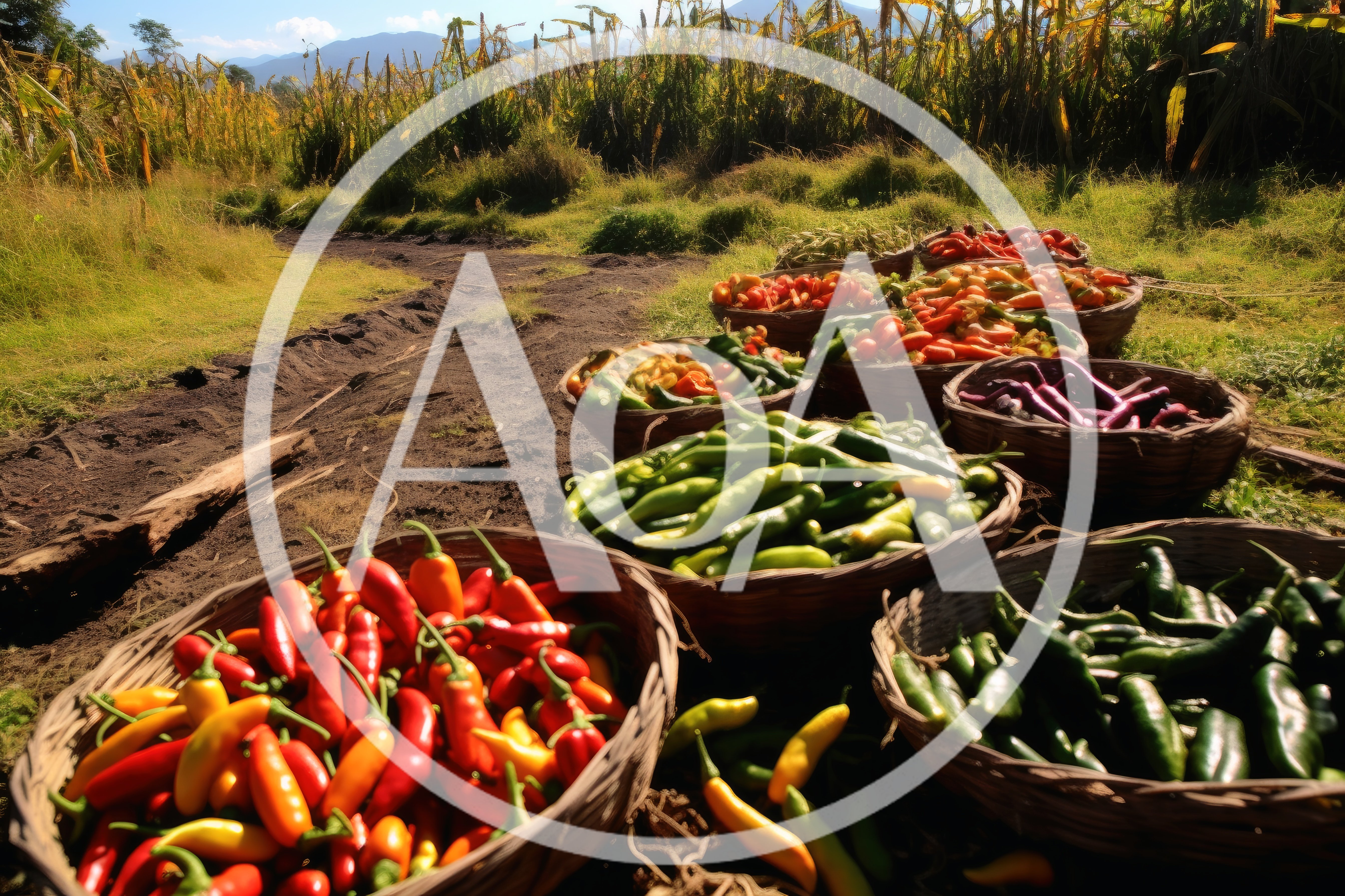 Freshly Harvested Chili Peppers In Woven Baskets