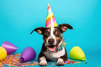 Happy Dog Wearing A Party Hat With Confetti
