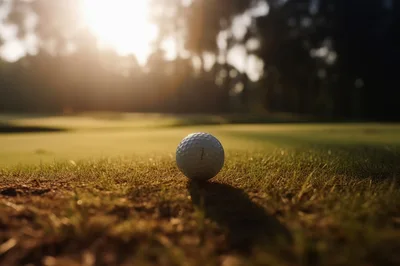 Golf Ball Resting On Green Grass At Sunset