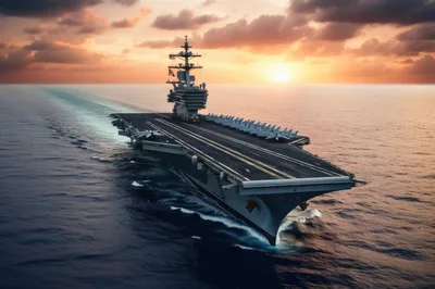 US Navy Aircraft Carrier Sailing At Sunset