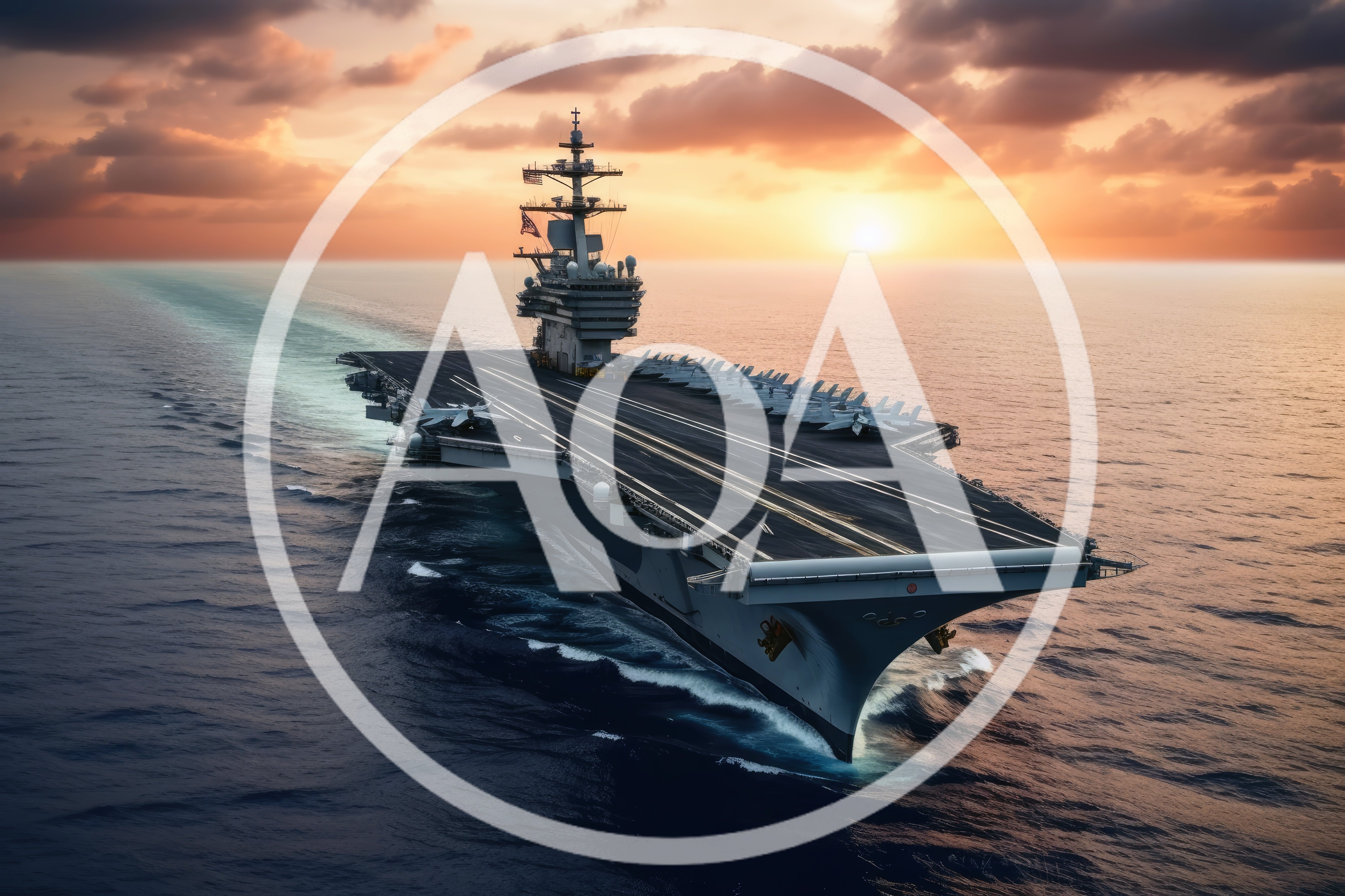 US Navy Aircraft Carrier Sailing At Sunset