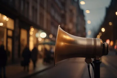 Golden Megaphone Mounted On A City Street