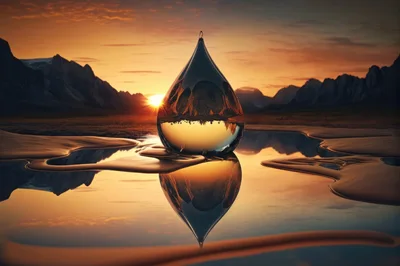 Large Water Drop Reflecting Sunset Mountain Landscape
