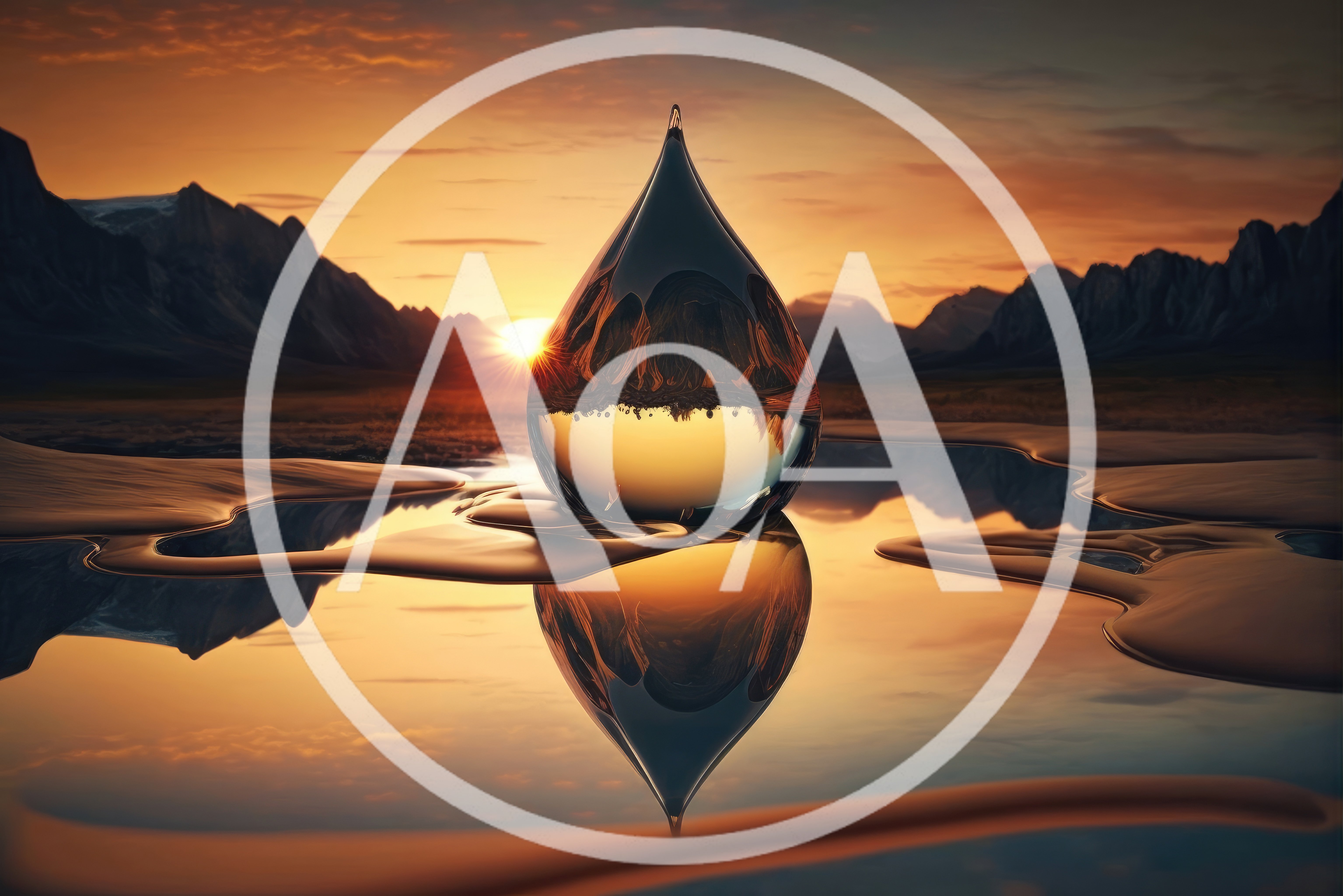 Large Water Drop Reflecting Sunset Mountain Landscape