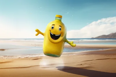 Animated Yellow Bottle Character Jumping On A Sunny Beach