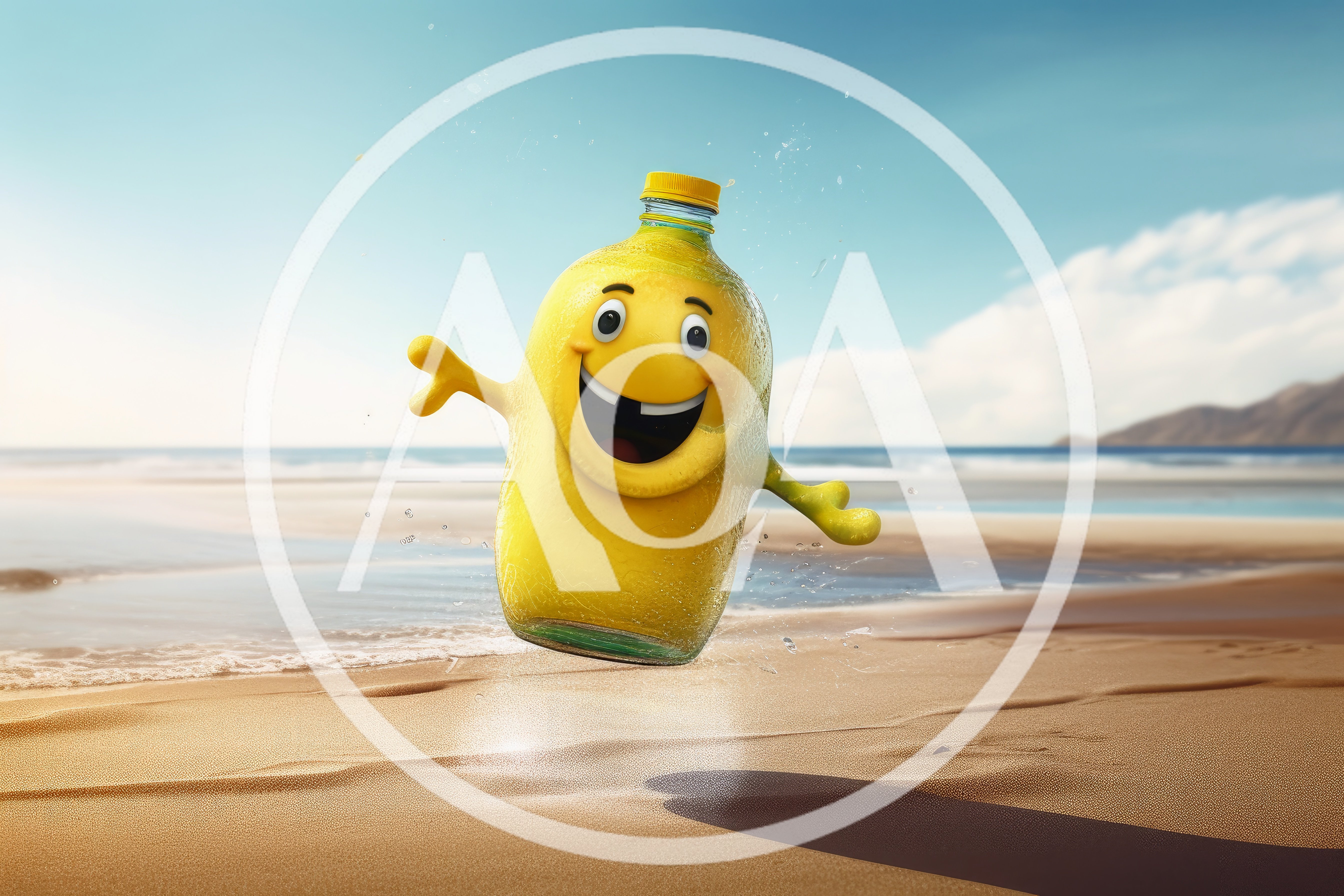 Animated Yellow Bottle Character Jumping On A Sunny Beach