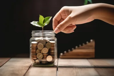 Hand Placing Coin Into Glass Jar With Growing Plant
