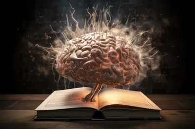Glowing Human Brain Emerging From Open Book