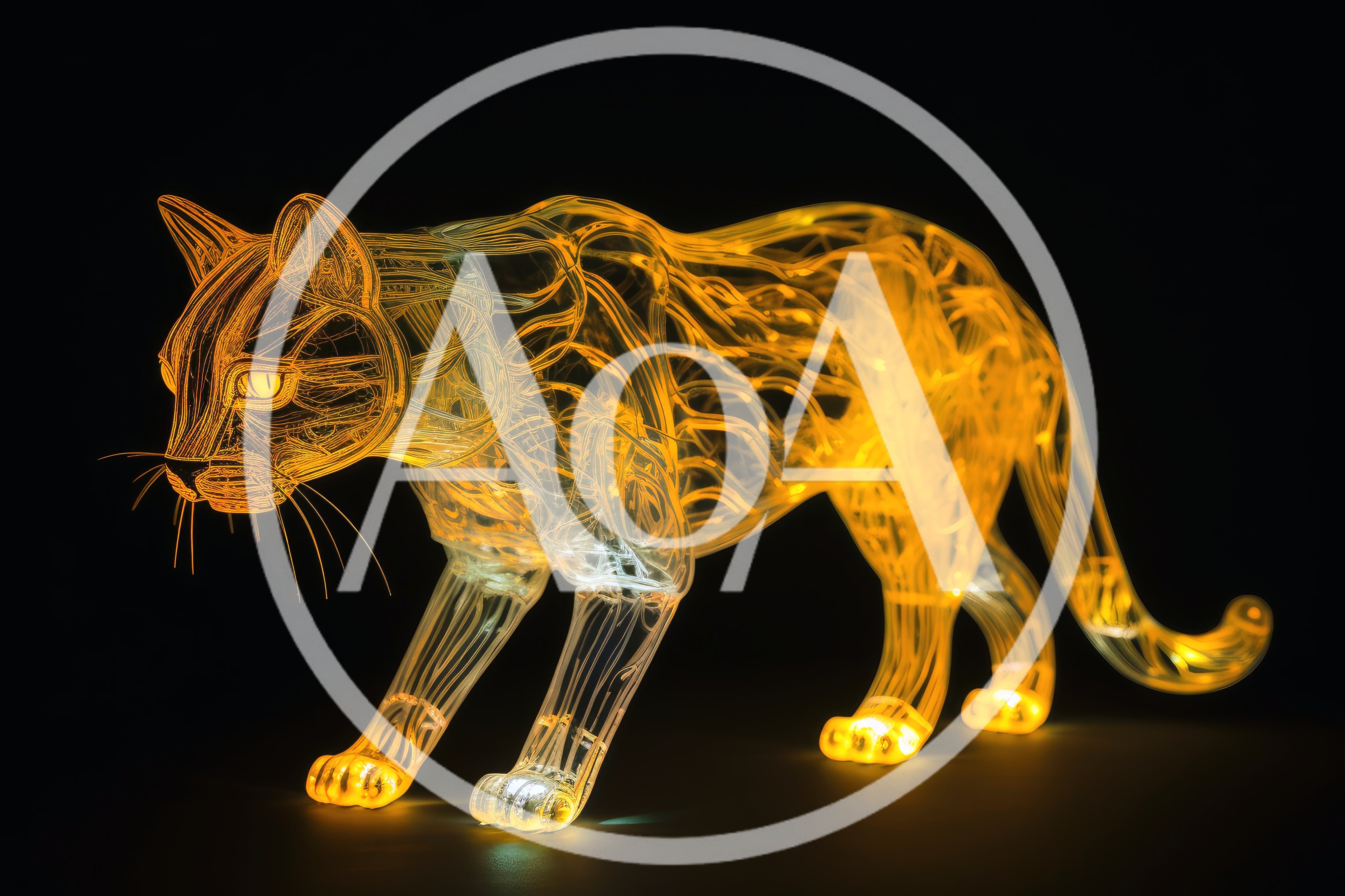 Glowing Wireframe Panther Sculpture On Black Background