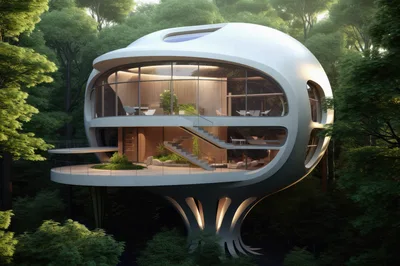 Futuristic Spherical Treehouse Architecture In Lush Forest