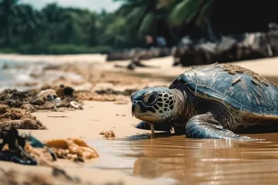 Sea Turtle Crawling on Tropical Sandy Beach