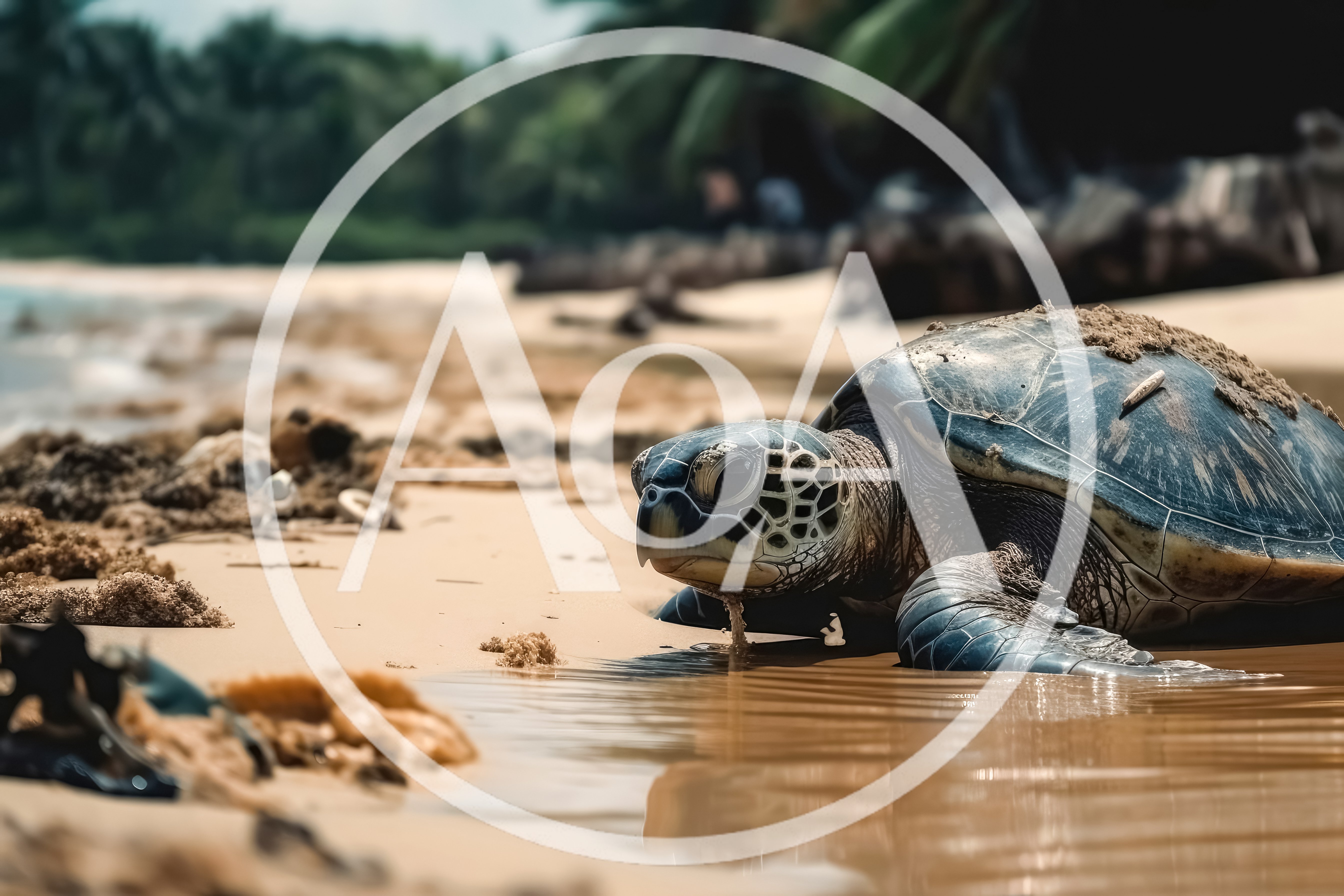 Sea Turtle Crawling on Tropical Sandy Beach