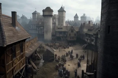 Medieval Castle Courtyard With Soldiers And Townspeople
