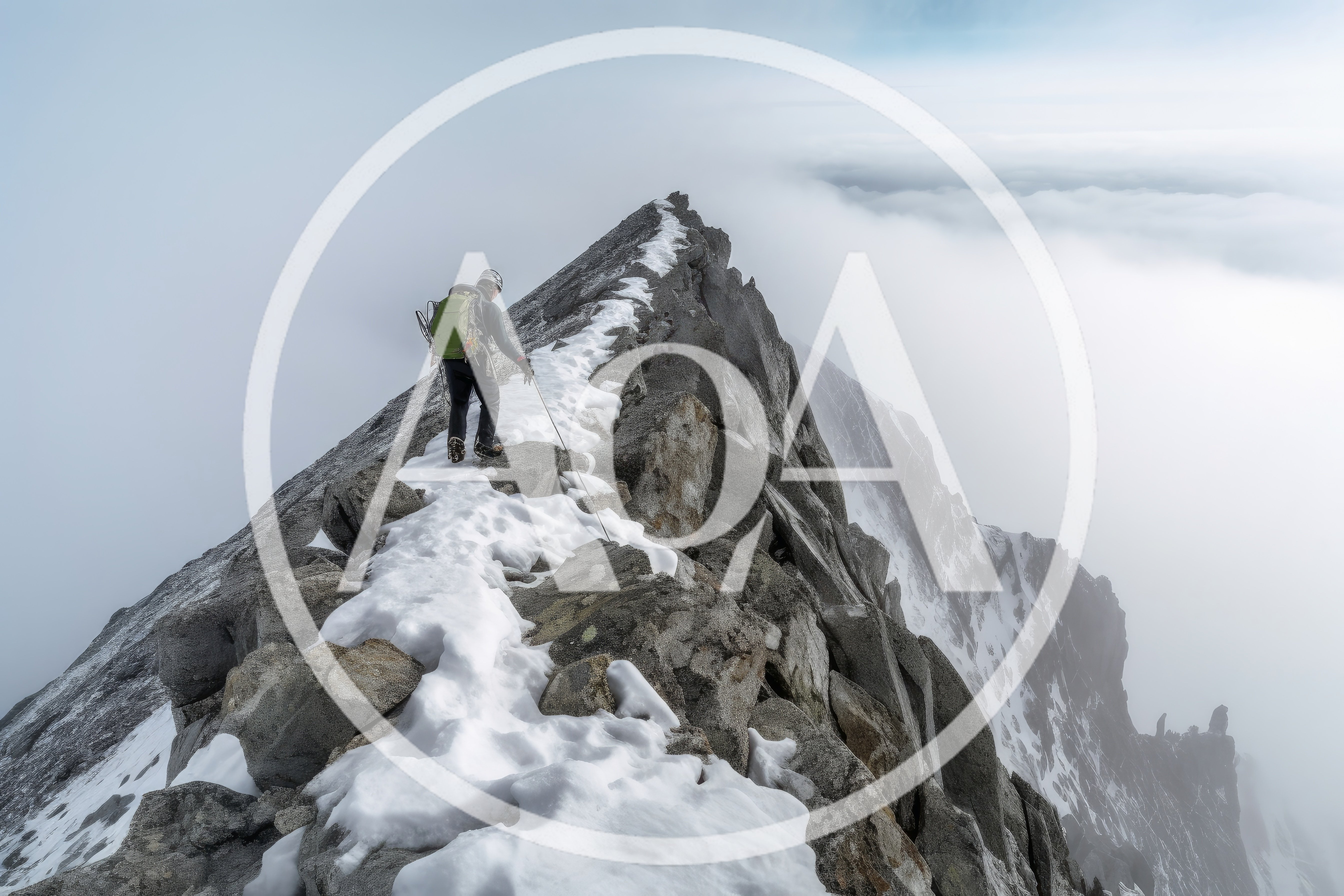 Mountaineer Traversing A Snowy Rocky Mountain Ridge
