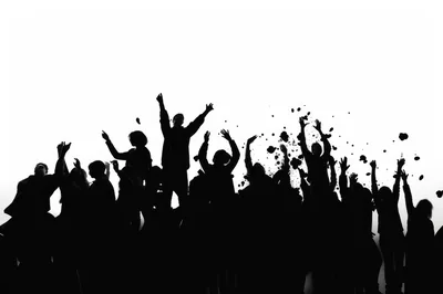 Silhouetted Crowd Celebrating With Confetti Against White Background